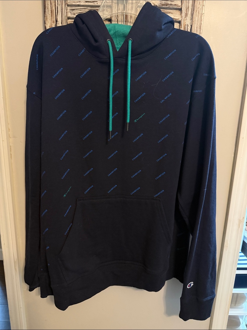 Champion Navy Hoodie with Teal Drawstrings